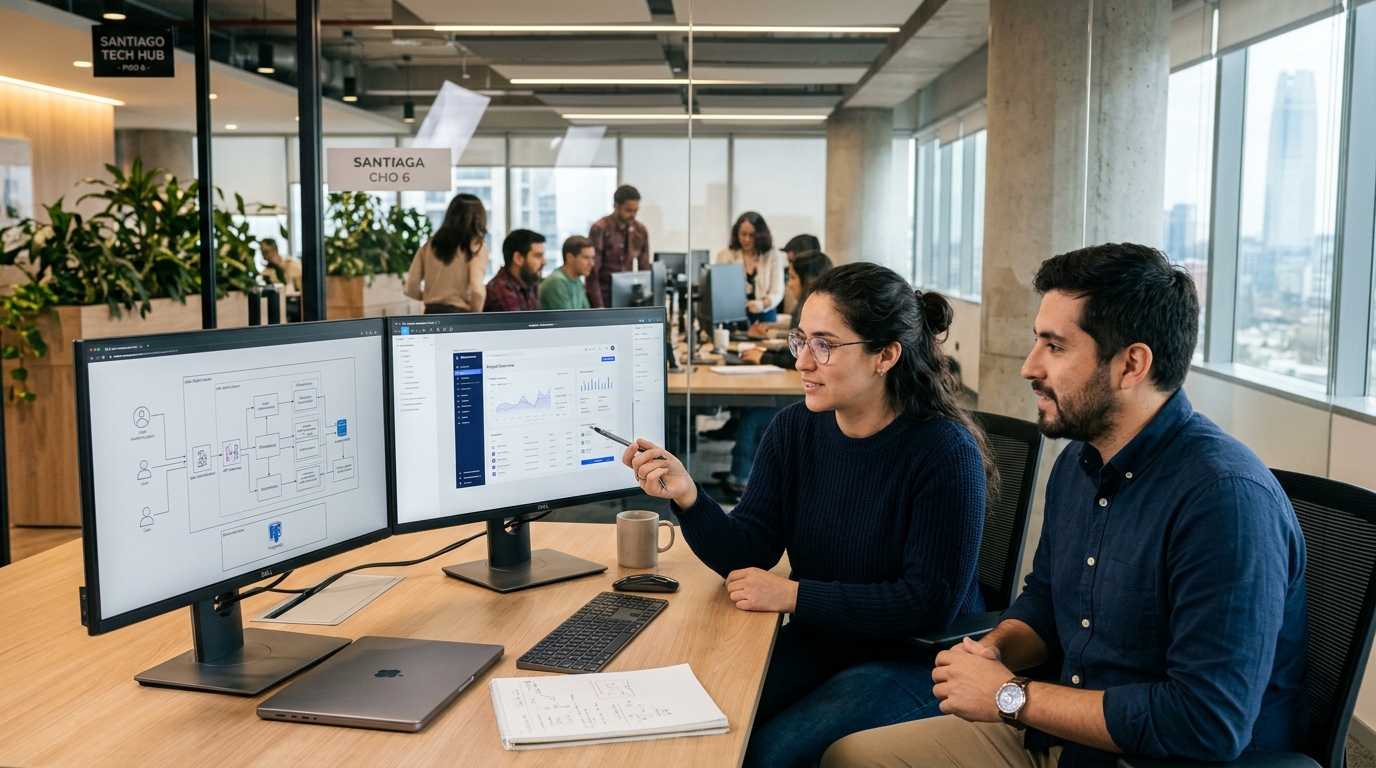 Equipo de ingenieros y especialistas de desarrollo colaborando en oficina moderna iContel